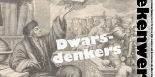 De kaft van het Dwarsdenkers-exemplaar van tijdschrift De Boekenwereld met hierop een gravure van Erasmus die vanuit de hemel een boek aangereikt krijgt.