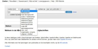 Screenshot van het uitklapmenu in de catalogus. Je ziet hier de zoekmogelijkheden voor de verschillende trefwoorden..