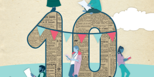 Het cijfer 10, gemaakt uit krantenprint, omringd door lezende mensen