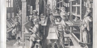 Een tekening van de uitvinding van de boekdrukkunst
