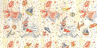 Sinterklaaspapier met Sinterklaas, Zwarte Piet en verschillende cadeautjes