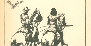 Tekening uit een Karl May-boek uit de Oosterbaancollectie. 'Voor alle zekerheid trok Old Shatterhand toch zijn pistool' staat onder de tekening.