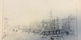 Tekening van Amsterdam uit het reisalbum.