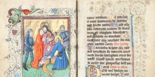 Miniatuur en tekst uit het Sarijs-handschrift. Jezus wordt gevangengenomen.