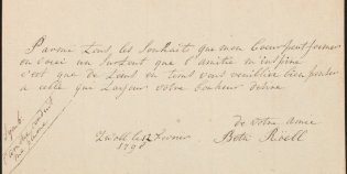 Gescande pagina uit het alba amicorum van Elisabeth Constantia Sophia Röell. Op de vergeelde pagina staat een handgeschreven tekst.