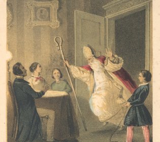 Signatuur: 1087 a 72. Tekening van een kind dat Sinterklaas laat struikelen met een touw. Sint valt de deur binnen, aan tafel kijkt een gezin toe.