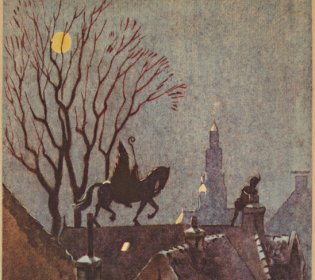 Signatuur: KW XKW 2889. Tekening van Sinterklaas en zijn helper in het donker op het dak. De Sint rijdt op een paard.
