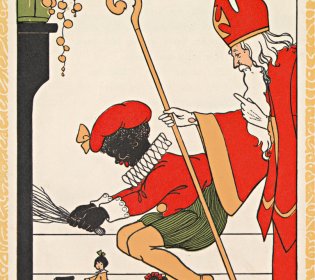 Signatuur: KW BJ Z6159. Tekening van Sinterklaas en zijn helper die een schoen vullen voor een schoorsteen.