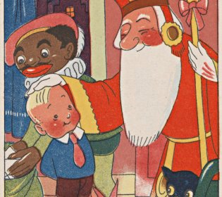 Signatuur: KW XKW 2866. Sinterklaas aait jongetje over zijn hoofd. Piet pakt cadeautje uit de zak.