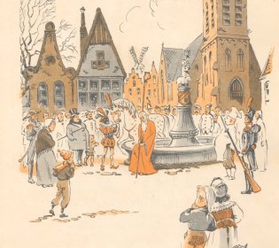Signatuur: BJ 21625. Sinterklaas zit zonder mijter bij een fontein omringd door mensen.