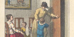 Signatuur: 1090 e 69. Tekening van 2 vrouwen en 2 kinderen die de deur van de kamer openen. De suggestie is dat Sinterklaas achter de deur staat.