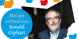 Affiche voor de Nationale Voorleeslunch, met tekeningen van boeken, tekst en een portretfoto van Ronald Giphart.