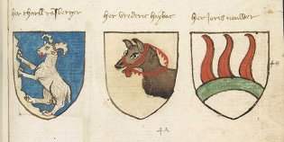 Pagina uit het Wapenboek Beyeren met tekeningen van 9 wapens. De wapens hebben blauwe, rode, groene en bruine kleuraccenten.