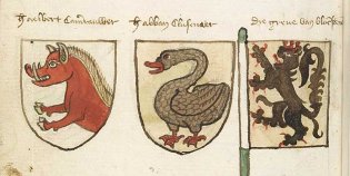Een pagina uit het Wapenboek Beyeren met tekeningen van 9 wapens. De wapens hebben blauwe, rode en grijze kleuraccenten.