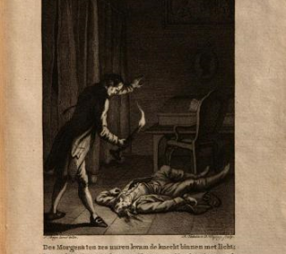 Een afbeelding uit 'Het lijden van de jonge Werther' waarin iemand dood op de grond wordt gevonden.