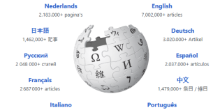 De wereldbol van Wikipedia met daar omheen een aantal talen en hoeveel artikelen er in die taal beschikbaar zijn.