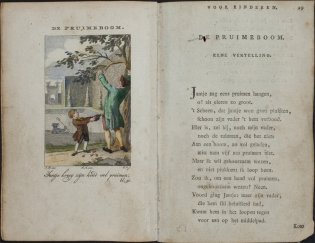 Pagina uit topstuk Kleine gedigten voor kinderen. Links een plaatje van Jantje die een pruim krijgt, rechts de tekst van het versje.