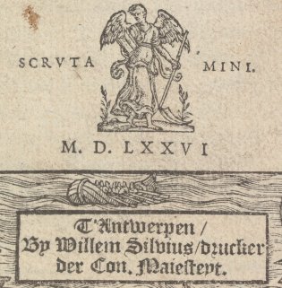  Het drukkersmerk van Willem Silvius, een engel met een zeis.