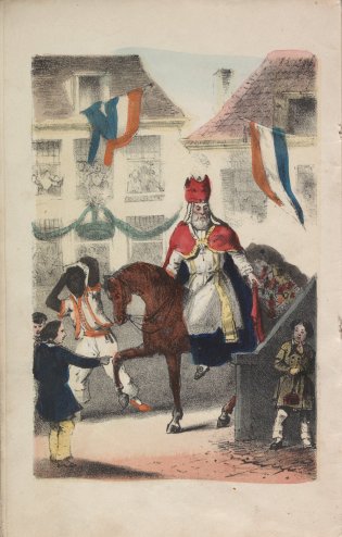 Illustratie van de intocht van Sinterklaas te paard