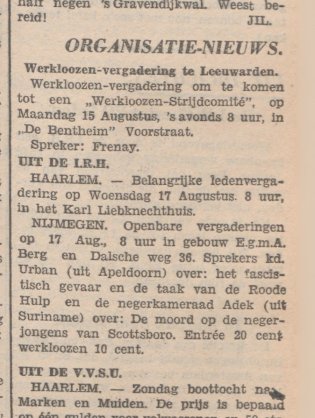 Afbeelding van een artikel over een lezing van Anton de Kom.