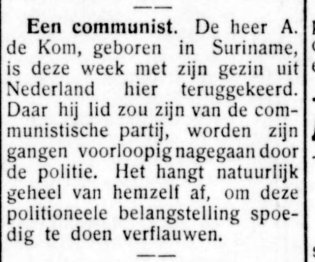 Afbeelding van het artikel waarin de komst van Anton de Kom wordt aangekondigd.