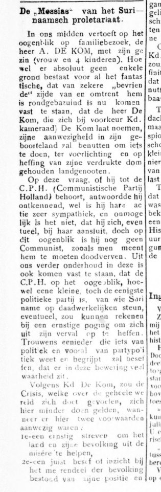 Afbeelding van het artikel waarin Anton de Kom gevraagd wordt of hij communist is of niet.