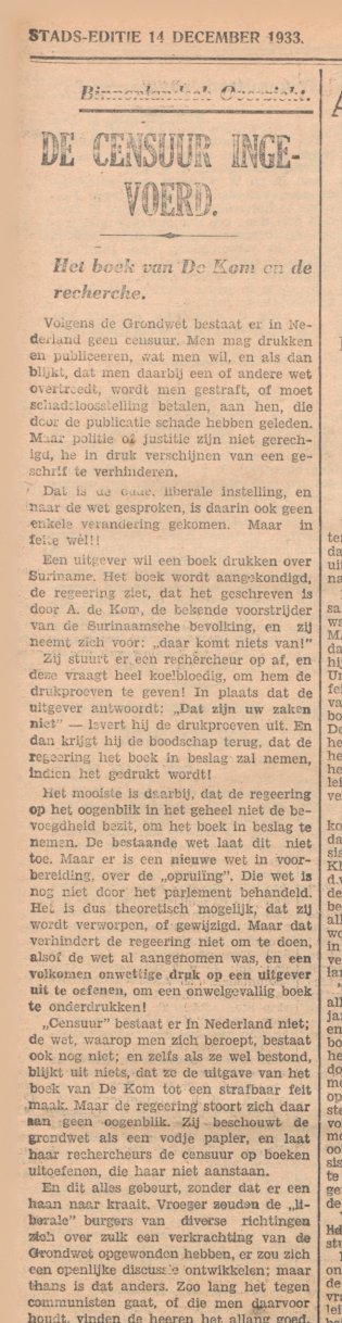 Artikel over eventuele censuur van Wij Slaven van Suriname.