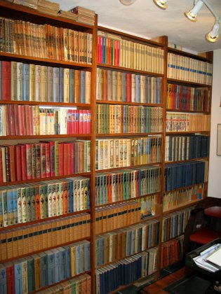 Boekenkasten gevuld met Karl May-boeken uit de Oosterbaancollectie.