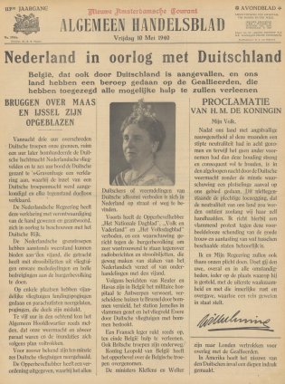 Voorpagina Algemeen Handelsblad van vrijdag 10 mei 1940. Met nieuws over de inval van Duitsland en een foto van koningin Wilhelmina. 