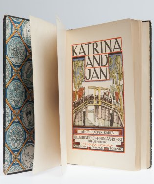 Titelpagina van Katrina and Jan uit de Edelmancollectie, met tekst en een afbeelding van een ophaalbrug.