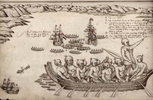 Tekening van het Maori-volk in een schip, uit de Atlas of Mutual Heritage.