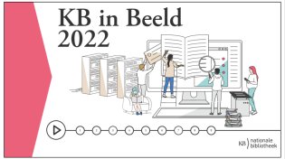 Eerste pagina infographic KB in Beeld 2022, tekening van mensen die aan het onderzoeken zijn.