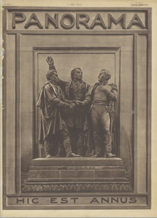 omslag eerste Panorama. Op het omslag drie gebeeldhouwde historische mannelijke figuren