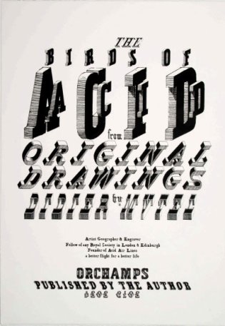 Omslag van het boek Birds of Acid met schetsen van Didier Mutel. Op het omslag staat de uitgeefinformatie in kunstzinnige letters.