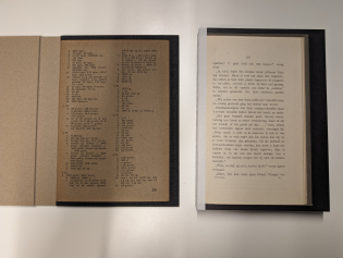 Twee pagina's uit het boek P. 225 door Anne Geene. Getoond wordt een omrekentabel en een pagina uit een kinderboek.