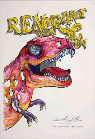 Ets van een T-Rex met de naam Rembrandt van Rijn.