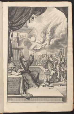 Frontispice met een schrijvende Erasmus, in: Opera Omnia, deel 1. Leiden: Pieter van de Aa, 1703. Collectie KB, KW 187 A 2