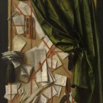 Trompe-l’oeil: brievenbord met zandloper, scheermes en schaar, ca. 1664 olieverf, doek 101.9 x 83.4 cm Inv. 1911-HJ