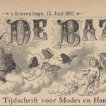 Omslag De Bazar. Tekening van vrouw op strijdwagen, omringd door engeltjes.