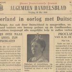 Voorpagina Algemeen Handelsblad van vrijdag 10 mei 1940. Met nieuws over de inval van Duitsland en een foto van koningin Wilhelmina. 