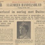 Voorpagina Algemeen Handelsblad van vrijdag 10 mei 1940. Met nieuws over de inval van Duitsland en een foto van koningin Wilhelmina.