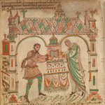 Illustratie uit het Evangeliarium. Twee getekende personen, Dirk en Hildegard, leggen het Evangeliarium op het altaar.