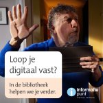 Een man die in het niets vastloopt en de tekst "Loop je digitaal vast? In de bibliotheek helpen we je verder."