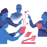 Tekening van vier mensen die gegevens bespreken die uit een geopende laptop lijken te komen,.
