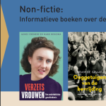 Vier kaften van boeken over de Tweede Wereldoorlog: Verzetsvrouwen, Ooggetuigen van de bevrijding, Oorlogsboeven en Wraak op het verzet