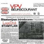 De voorpagina van VPV Beurscourant, een plastic krant gedrukt voor een kunststofbeurs.