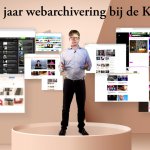 Foto van conservator Kees Teszelszky tussen plaatjes van websites, die wij bewaren in het webarchief.