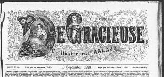 Het voorblad van het modetijdschrift De Gracieuse (1888) met een zwart-witafbeelding van drie vrouwen in chique jurken.