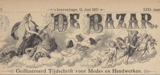Omslag De Bazar. Tekening van vrouw op strijdwagen, omringd door engeltjes.