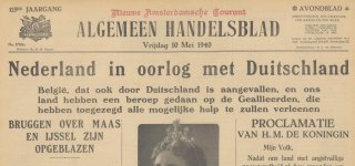 Voorpagina Algemeen Handelsblad van vrijdag 10 mei 1940. Met nieuws over de inval van Duitsland en een foto van koningin Wilhelmina. 